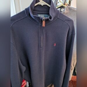 Polo Ralph Lauren Men's Navy Blue 1/4 Zip Cotton Sweater Leather Pull Size L